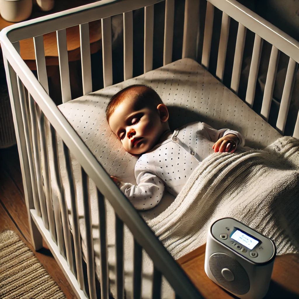 Baby sleeping peacefully with a white noise machine
