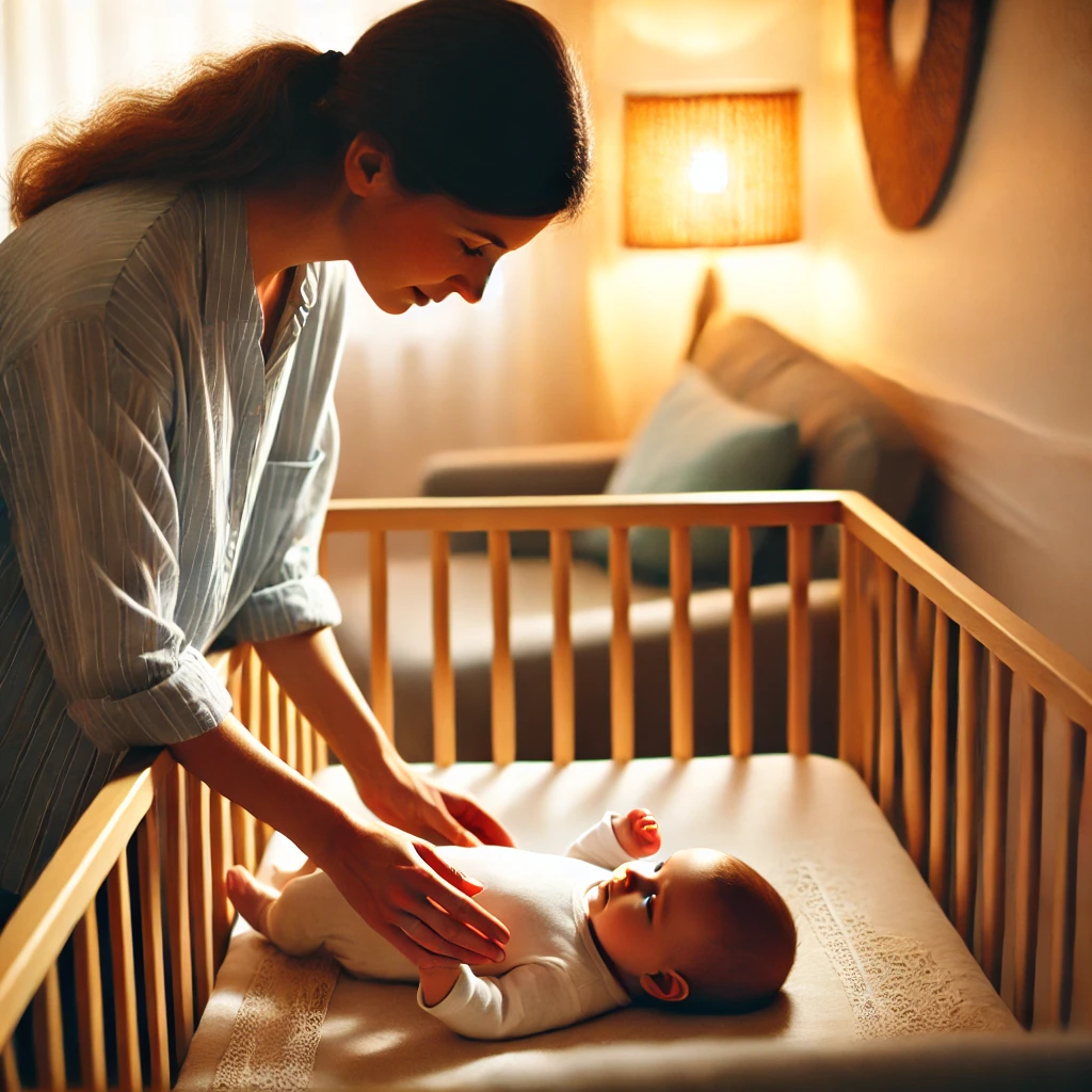 Mother placing baby in crib during bedtime routine - Baby Sleep Schedule