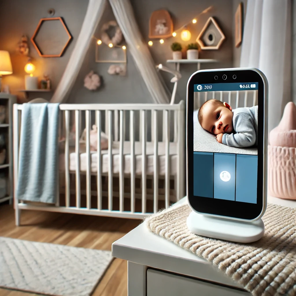 Nursery with a smart baby monitor showing a sleeping baby