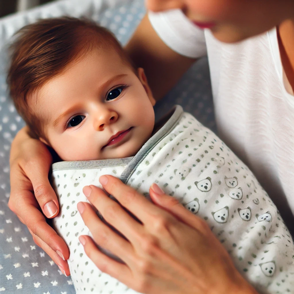 Mother swaddling baby before bedtime for comfort