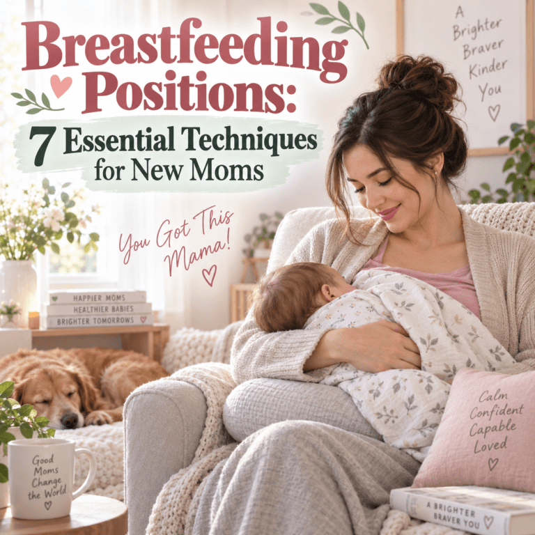 Breastfeeding positions: a mother cradles her fully clothed baby in a calm nursery.