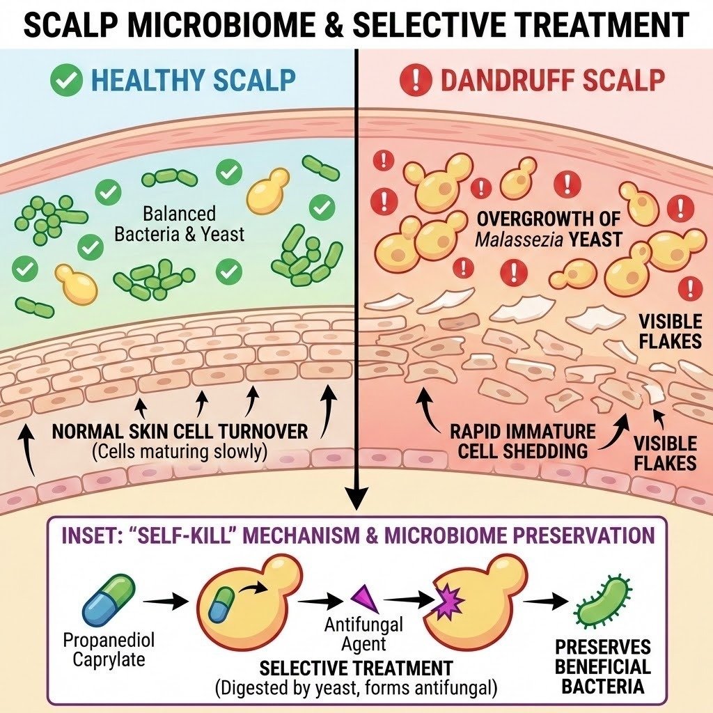 Effective Dandruff Treatments - Microbiome & Mechanism Diagram