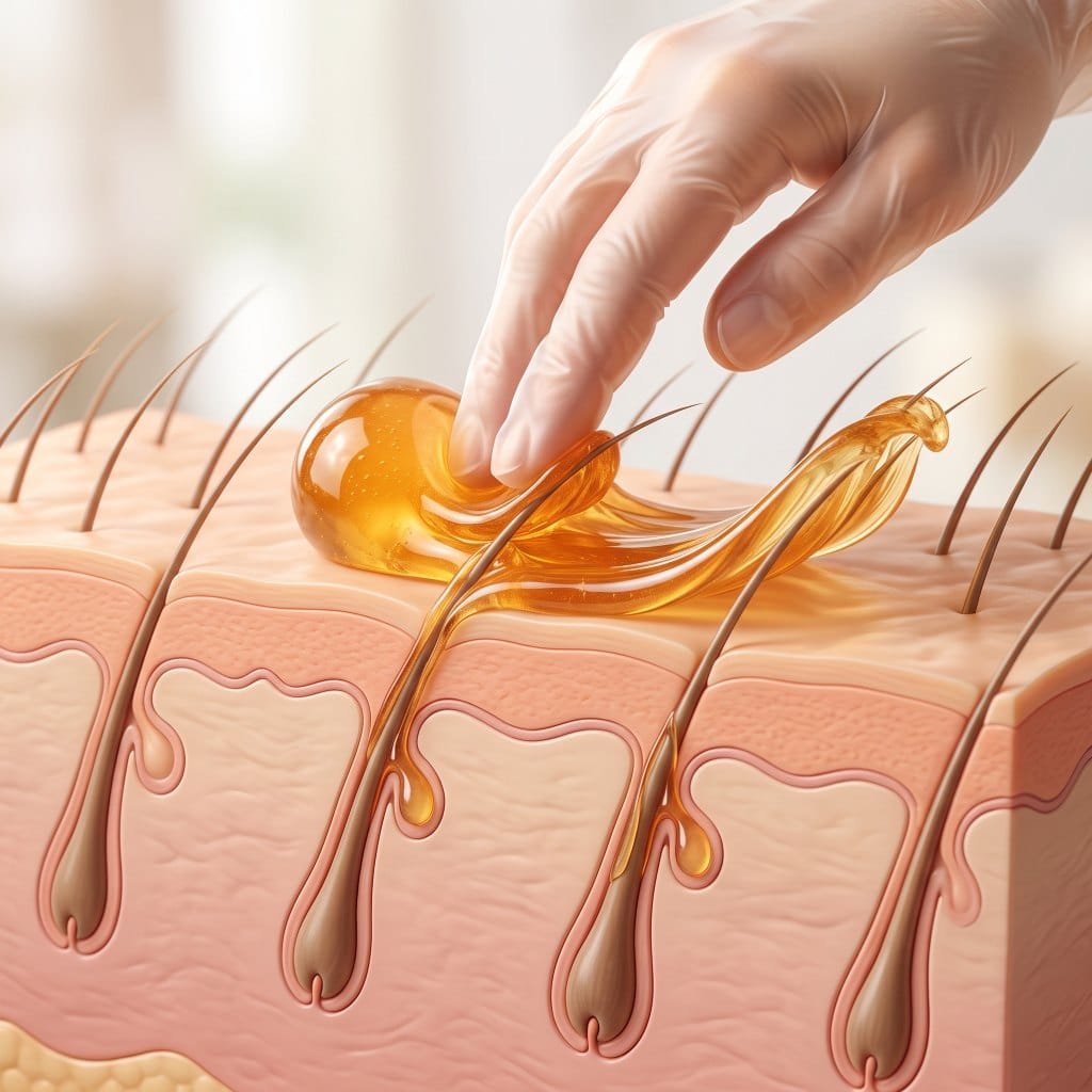 Sugaring Paste mechanism showing paste gripping hair at the skin surface