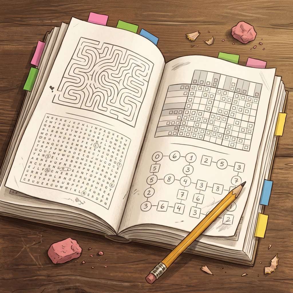 Brain training books showing varied logic maze number and word puzzles