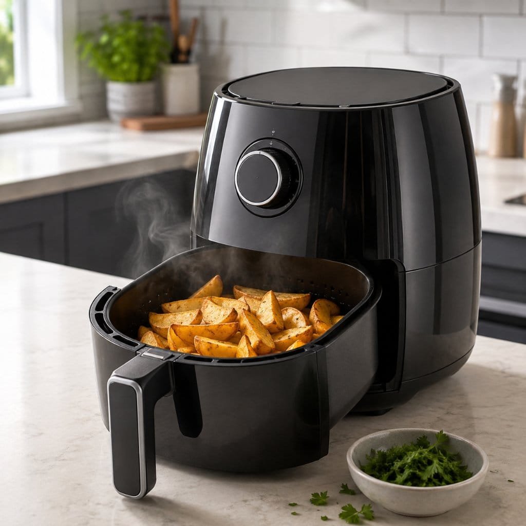 Air fryer basket open showing a single layer of golden crispy potato wedges