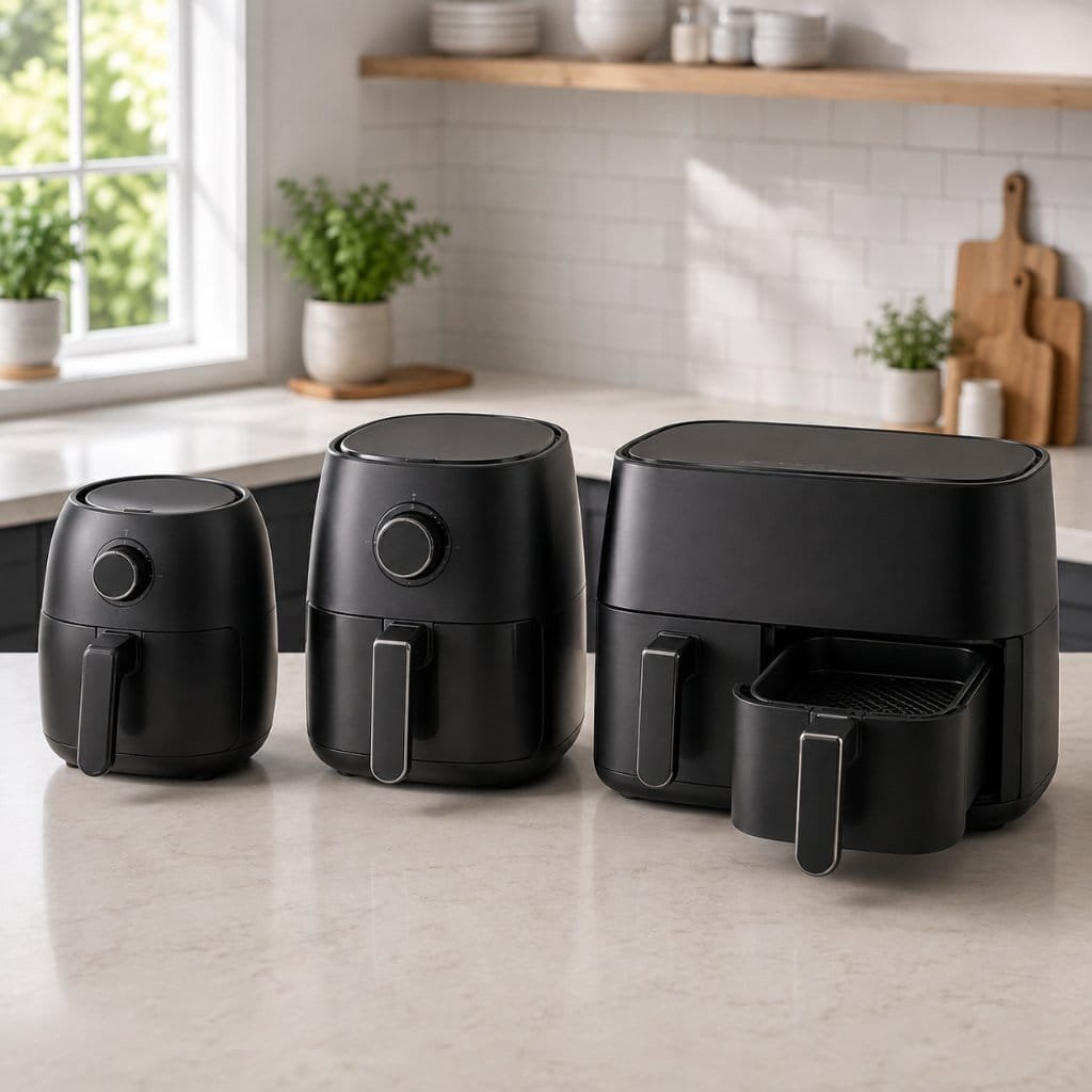Three air fryer sizes compared side by side on a kitchen counter