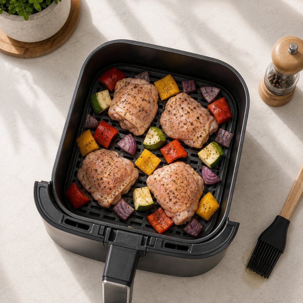Air fryer basket loaded in one even layer with chicken and vegetables