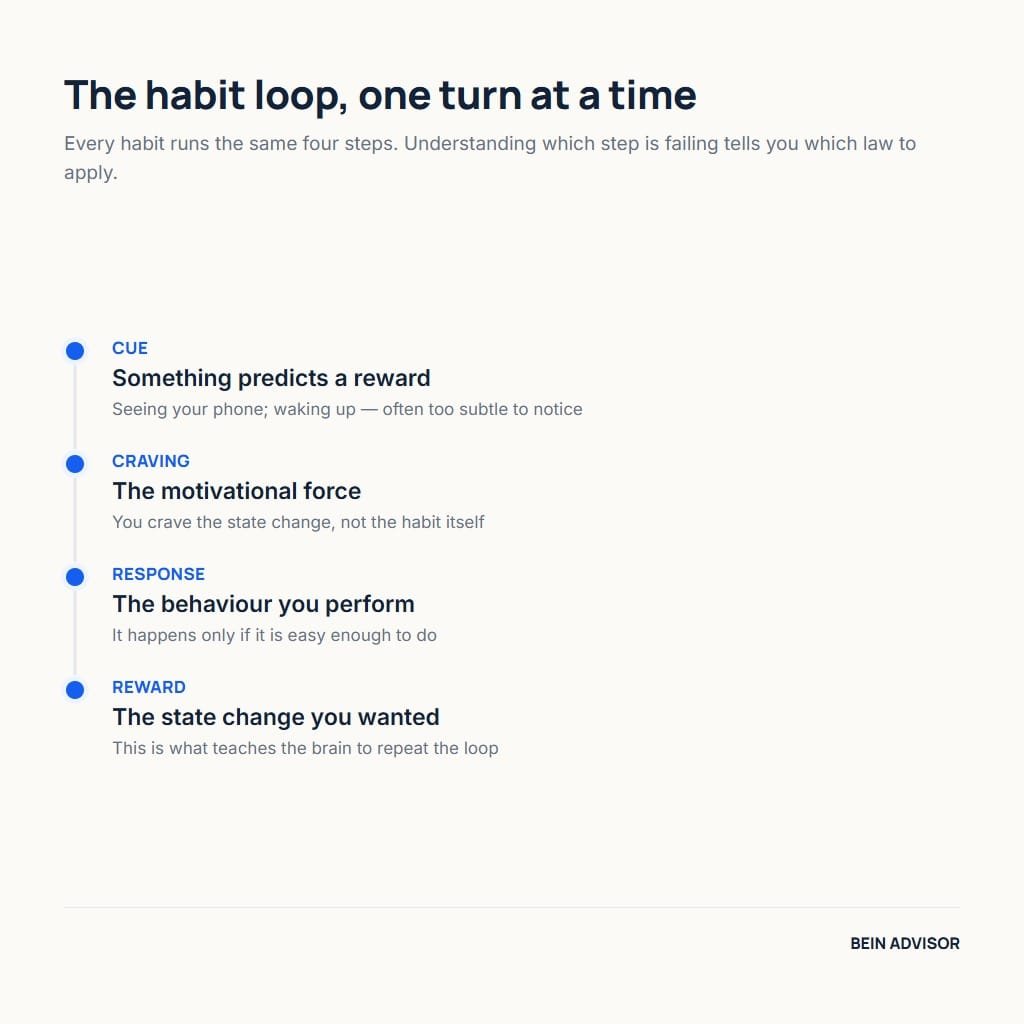 The atomic habits habit loop: cue, craving, response and reward, and what each step does