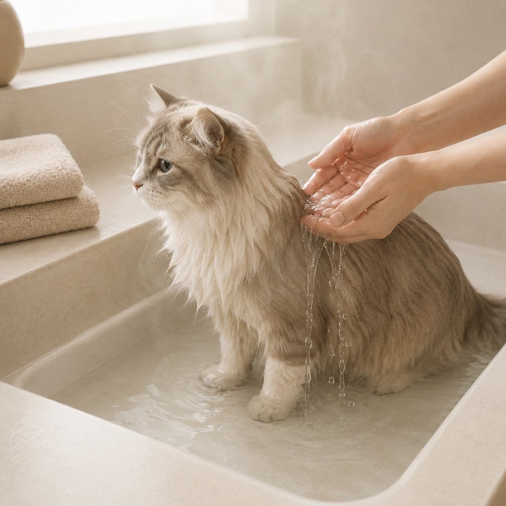 Gently washing a calm long-haired cat in a shallow sink of warm water