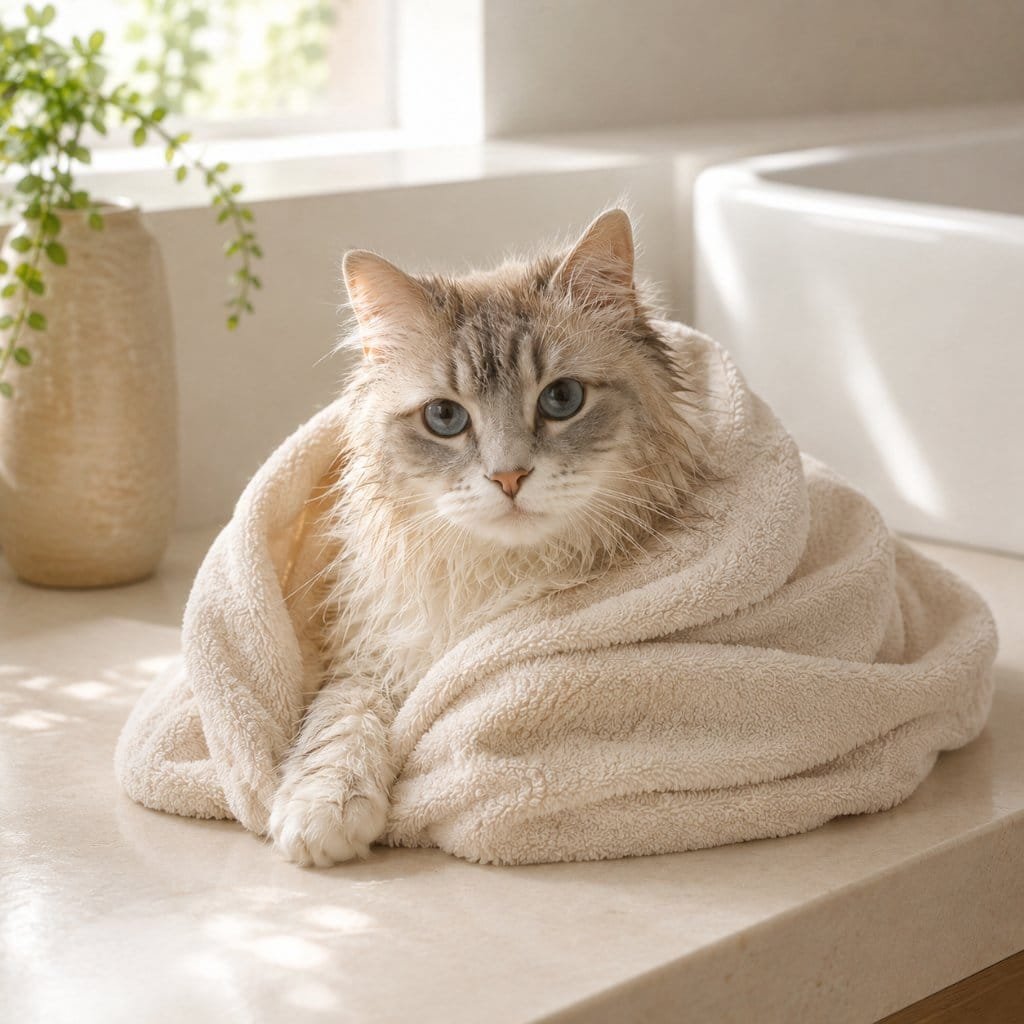 A cat wrapped in a soft towel drying off after a bath