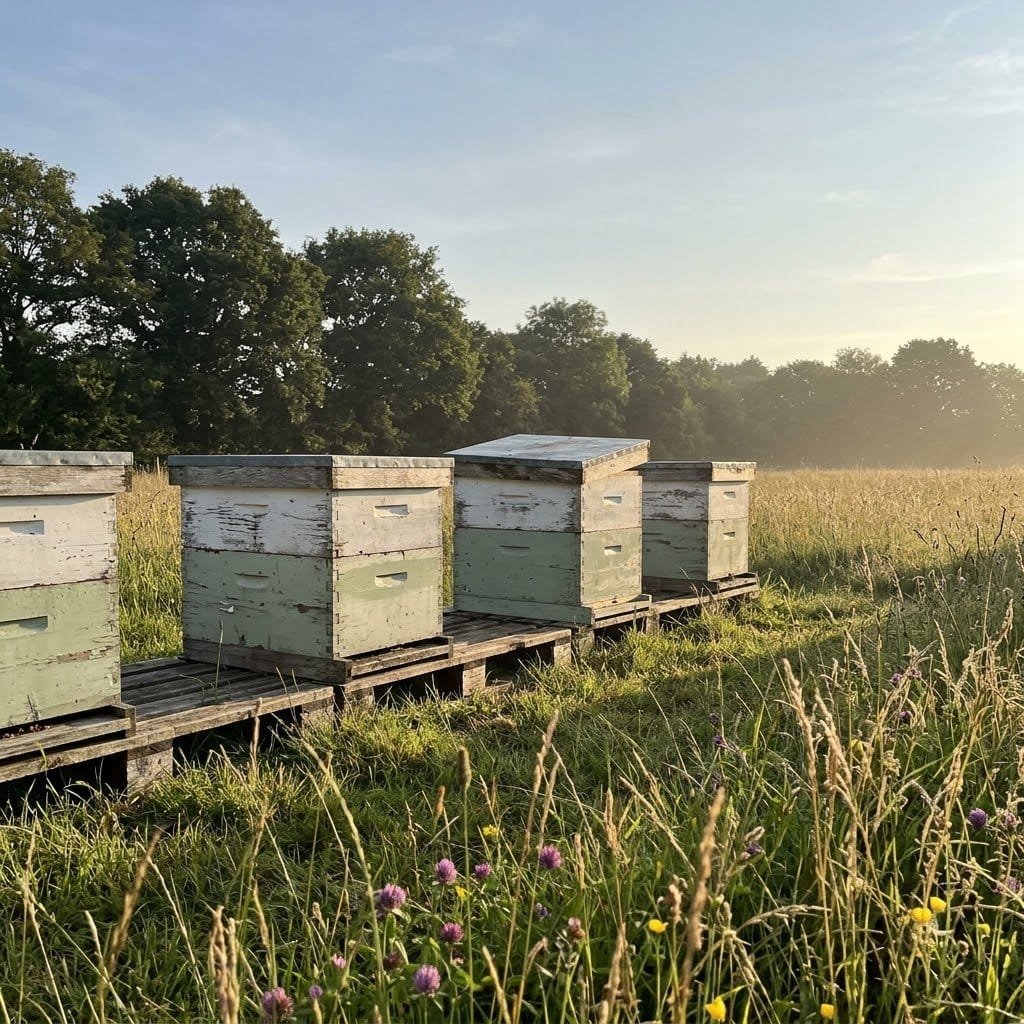 Wooden beehive boxes standing in a meadow at sunrise, the low-overhead start of a beekeeping business