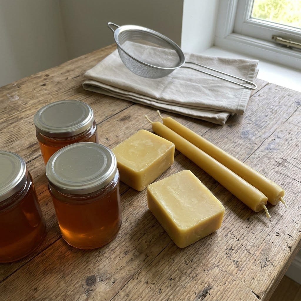 Jars of honey, rendered beeswax blocks and hand-poured beeswax candles on a workbench in a beekeeping business