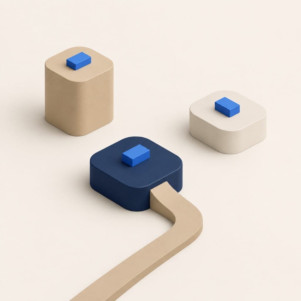 Isometric illustration of three hosting options and one path that fits