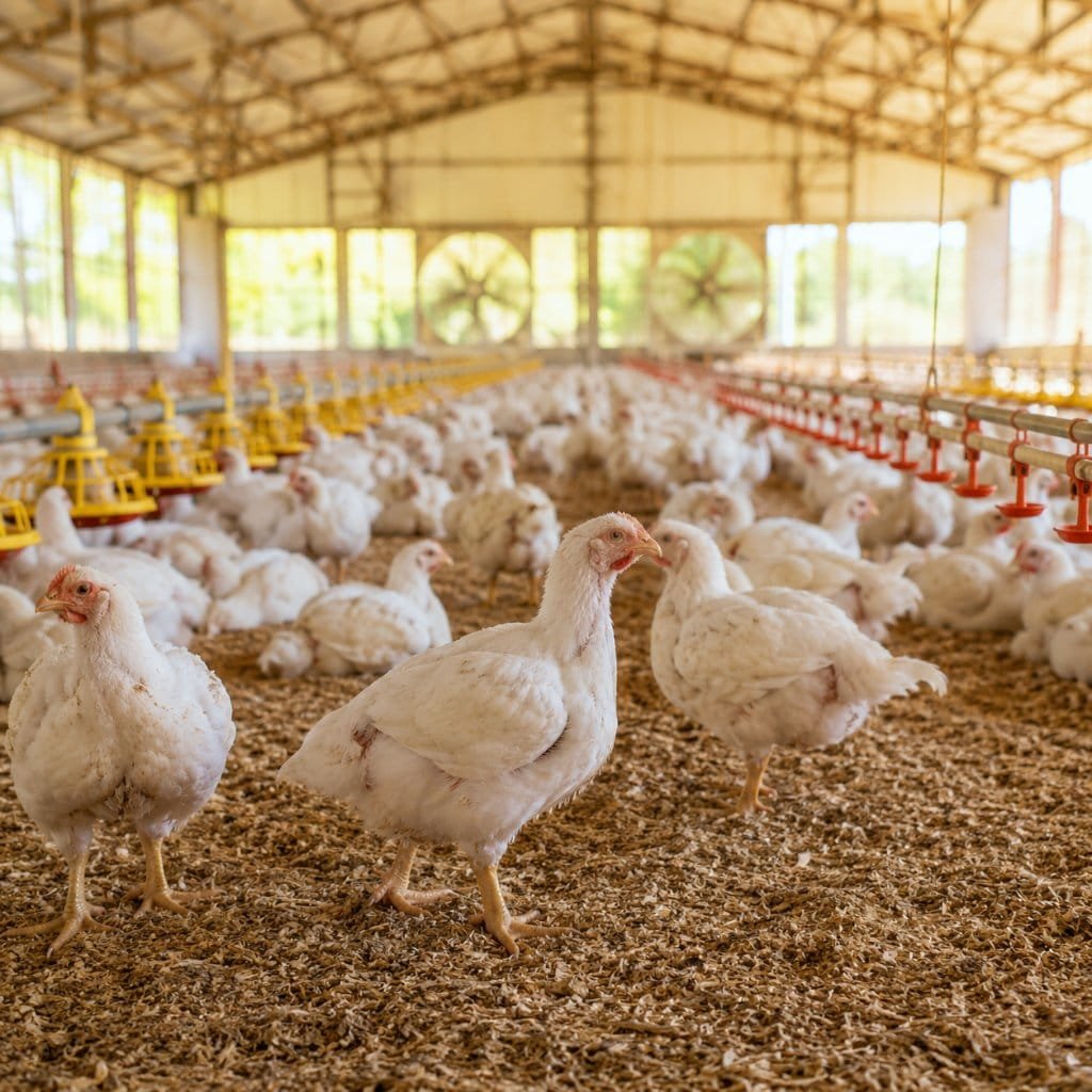 Healthy broiler chickens on clean litter inside a modern poultry house