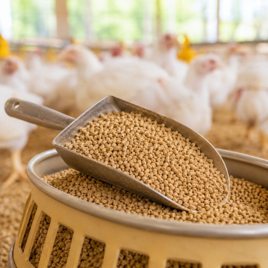 Broiler farming feed pellets in a scoop resting on a round feeder pan