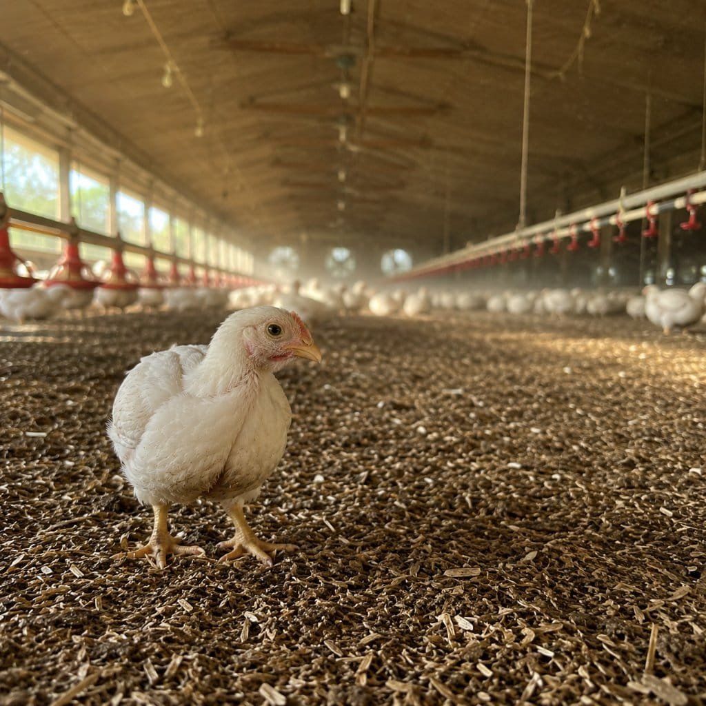 A broiler house seen down its length with one chicken in focus on the litter