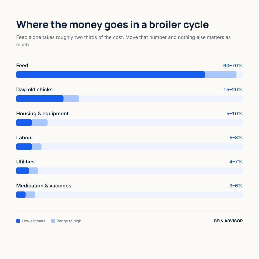 Chart of broiler farming cost shares: feed 60-70 percent of a cycle