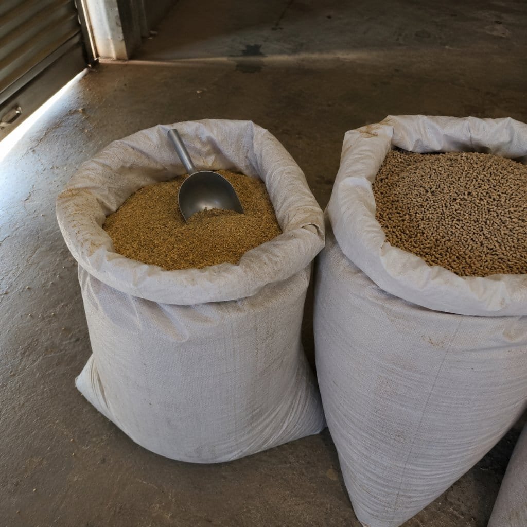Broiler feed starter crumbles beside grower pellets in two open sacks