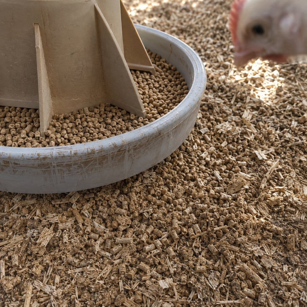 A broiler feed pan filled a third full with spilled pellets around it