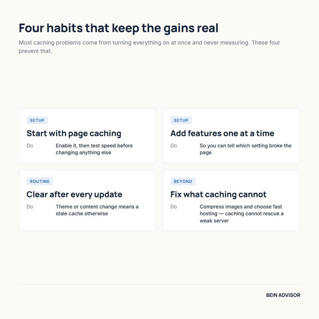 Four habits for getting the best results from caching plugins: start with page caching, add features one at a time, clear after updates, fix what caching cannot