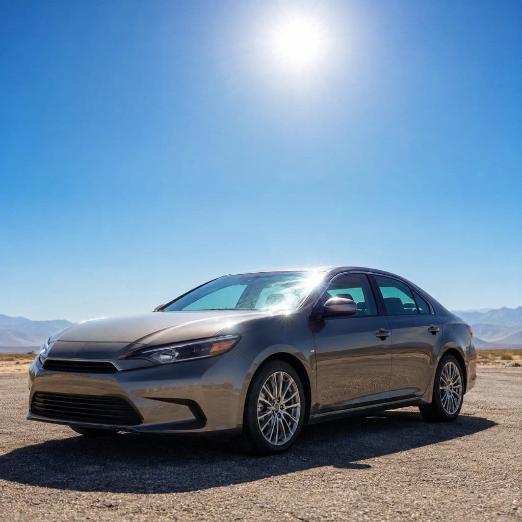 A car parked in blazing sun showing why a car cover protects against heat