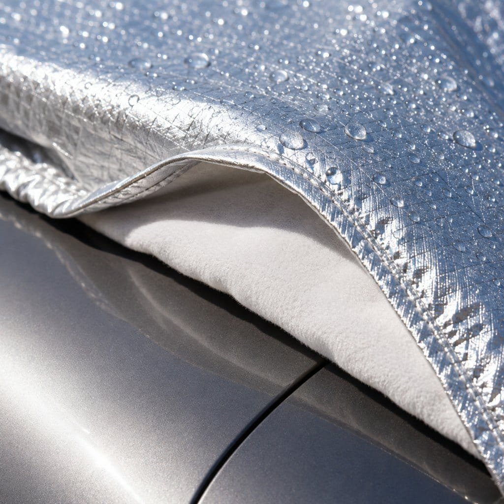 Close-up of a reflective car cover fabric with soft inner lining