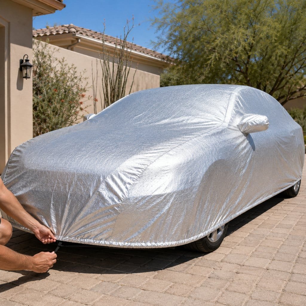 Fitting a car cover and tightening the elastic hem under the bumper