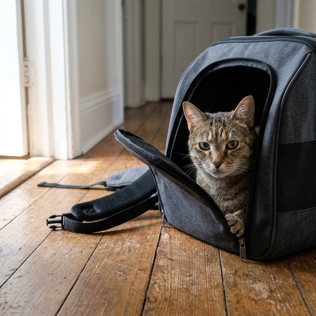 A tabby cat sitting inside an open grey cat backpack on a wooden floor with the padded straps laid out behind it