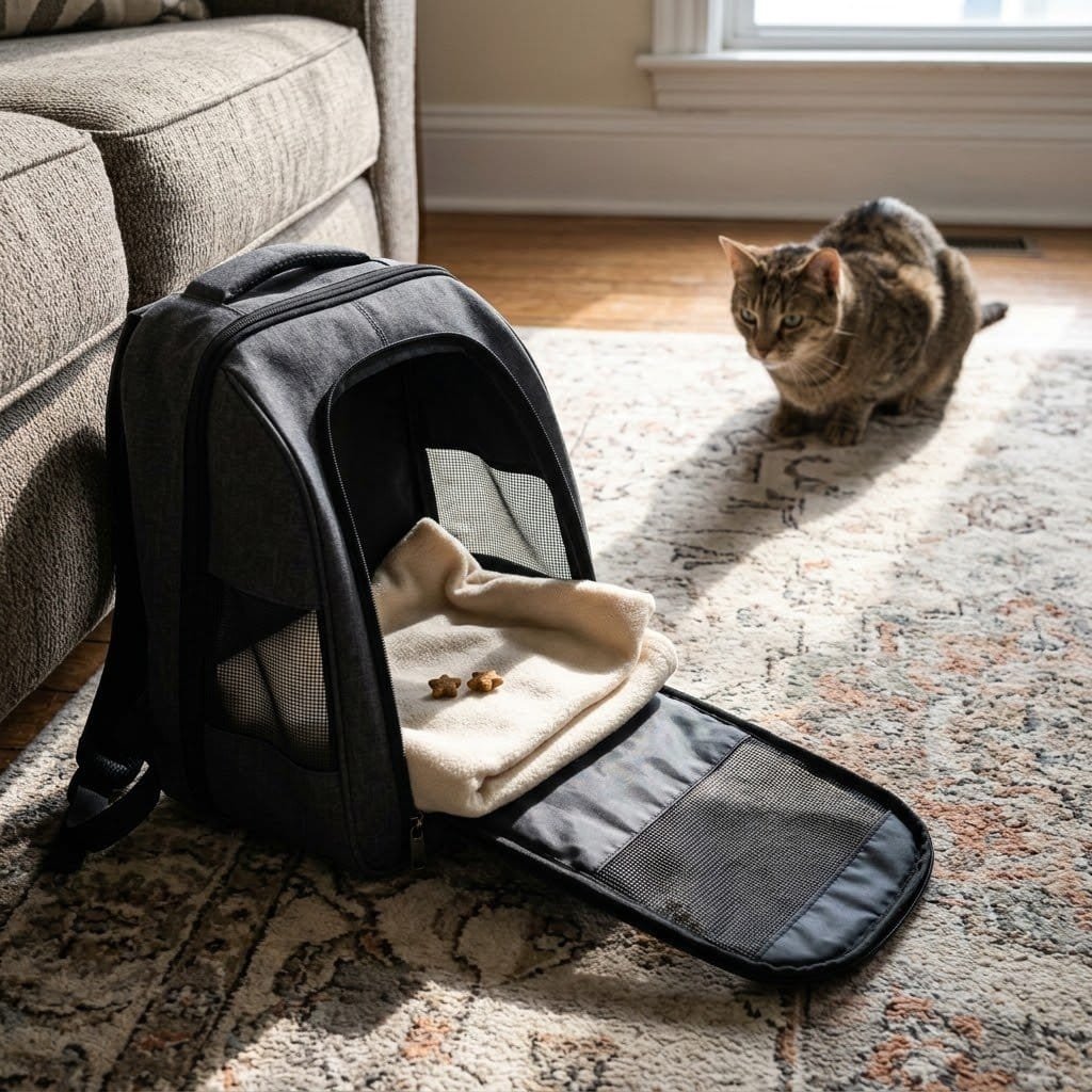 An open cat backpack with a blanket and treats inside while a tabby cat watches from a distance on the rug