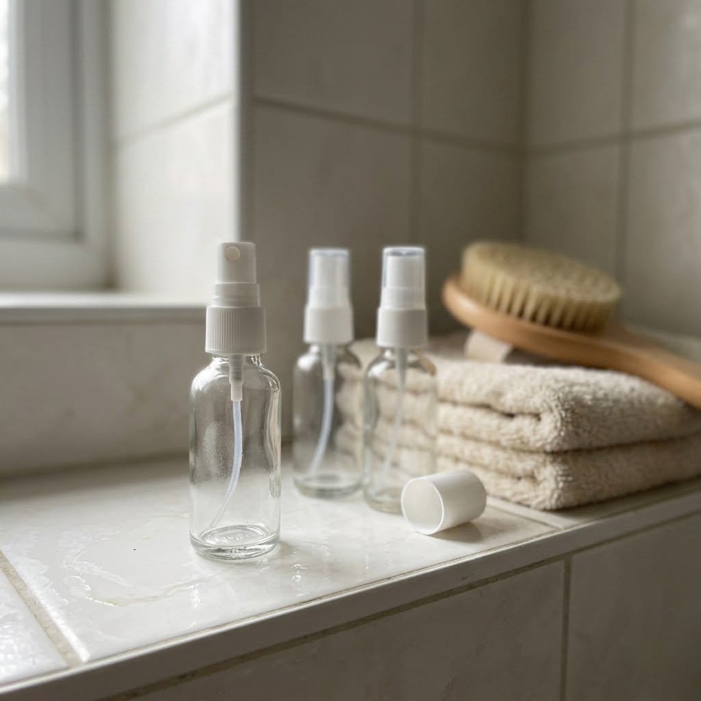 Plain unlabelled spray bottles on a bathroom shelf beside a brush and towel