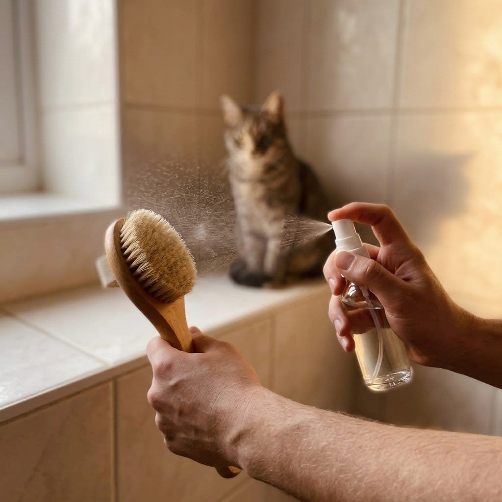Spraying cat cologne onto a brush rather than directly onto the cat