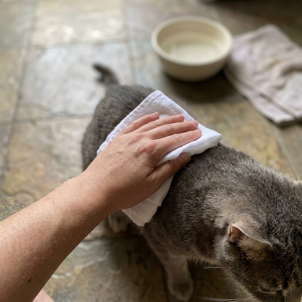 Wiping a cat with a plain damp cloth as an alternative to cat cologne