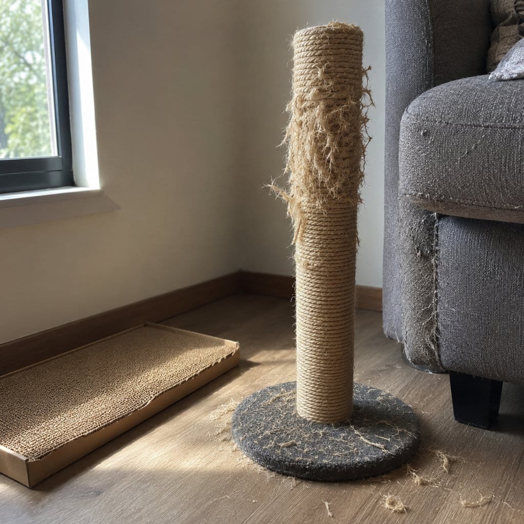 A well-used sisal scratching post beside a sofa with a cardboard pad