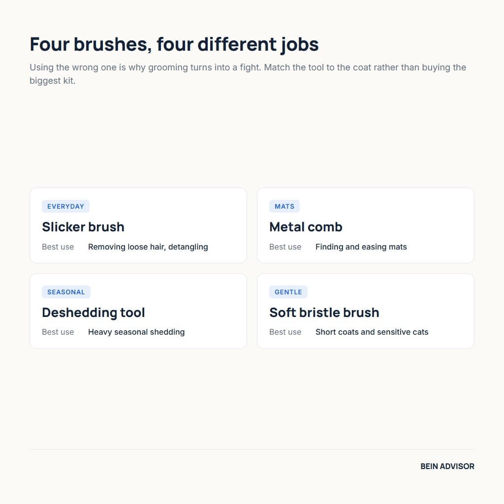 Four cat grooming brushes and the job each one is for