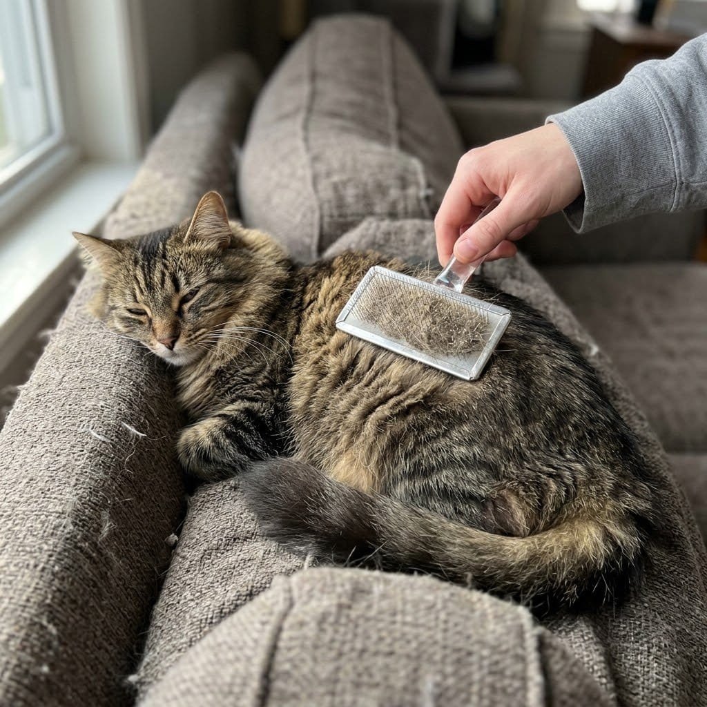 Brushing a long-haired cat along the back with a slicker brush, loose fur in the bristles