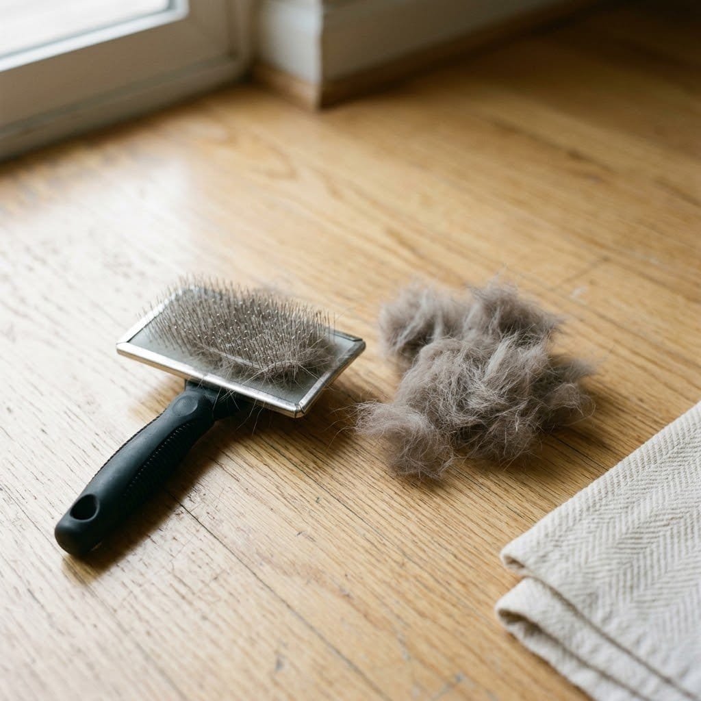A slicker brush beside a clump of loose undercoat fur removed by grooming, the simplest way to prevent cat hairballs