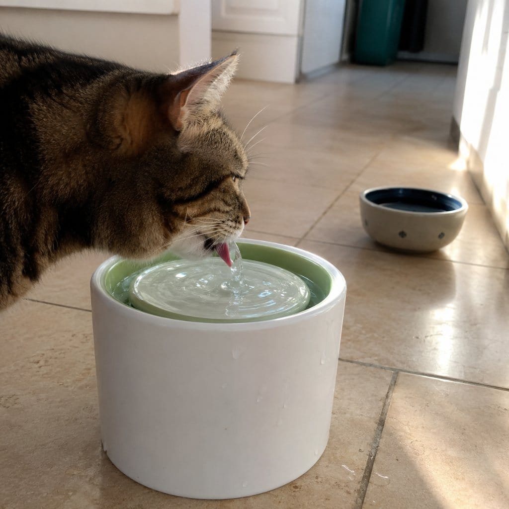 A cat drinking from a running pet water fountain on a kitchen floor