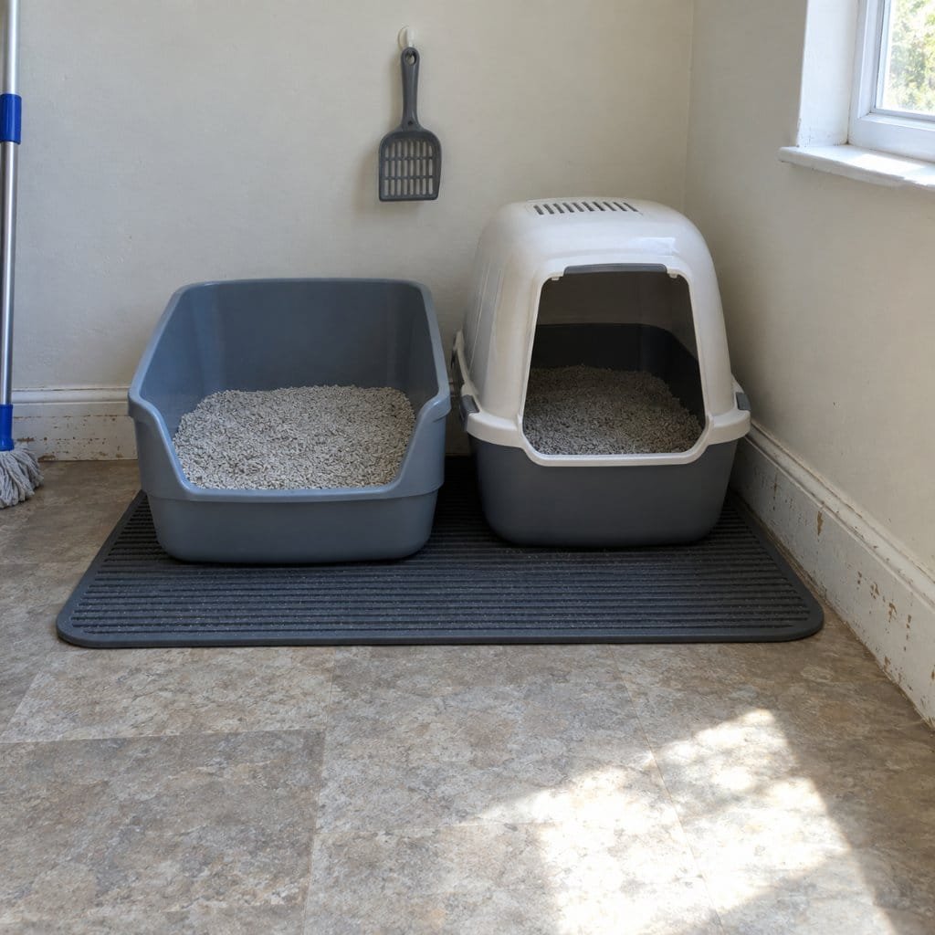 An open and a hooded cat litter box side by side against a wall
