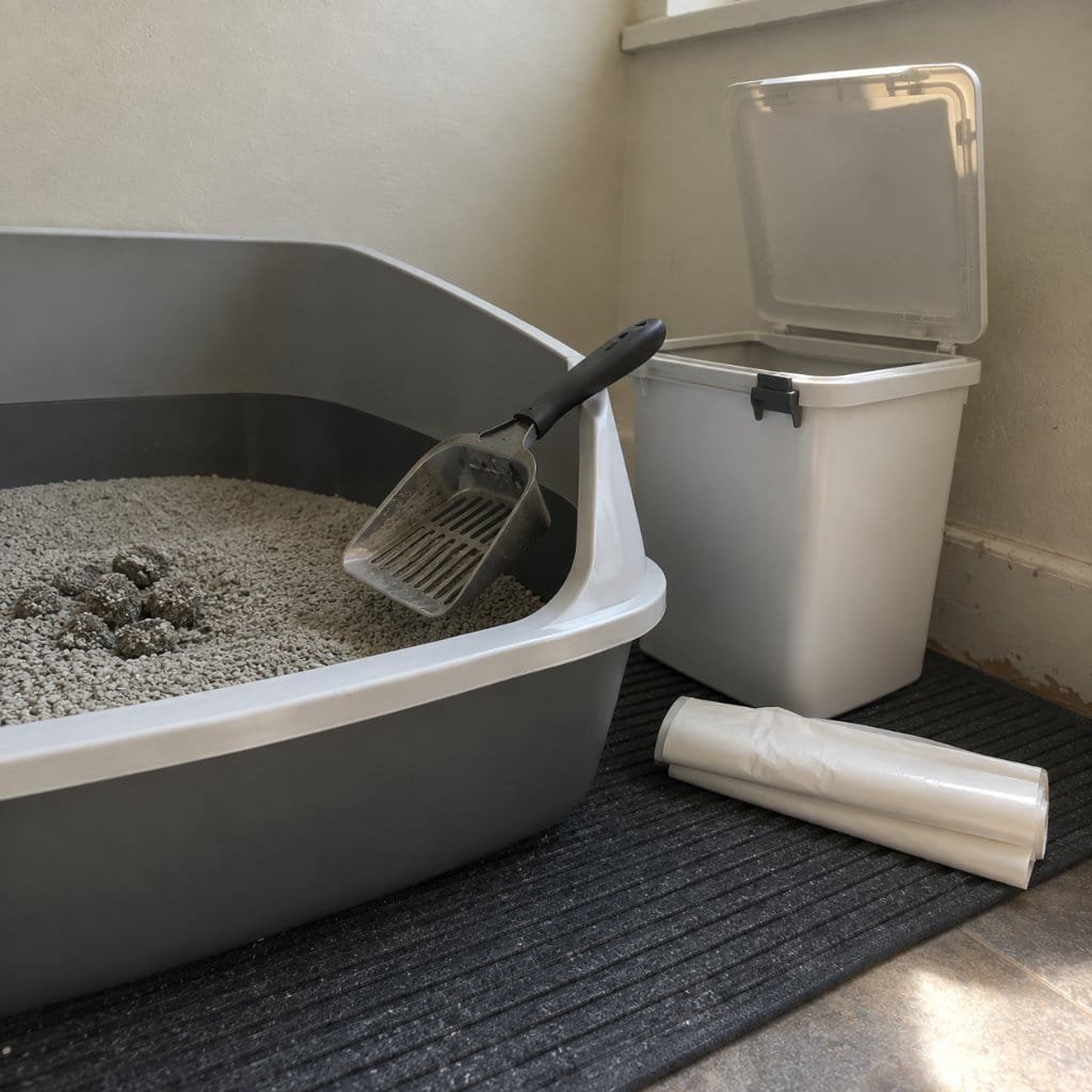 A scoop resting on a litter box rim beside a lidded waste bin