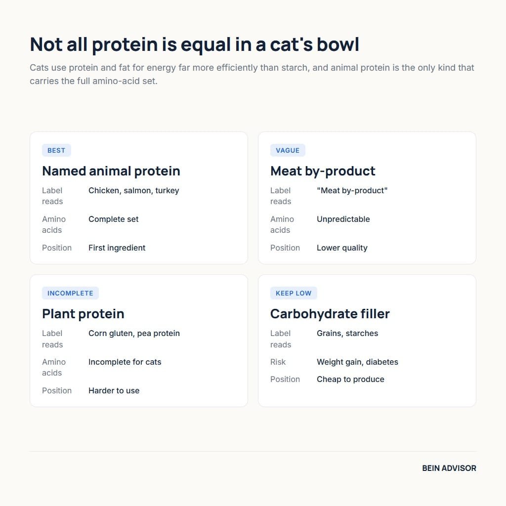 Comparison chart of protein quality in cat nutrition: named animal protein, meat by-product, plant protein and carbohydrate filler