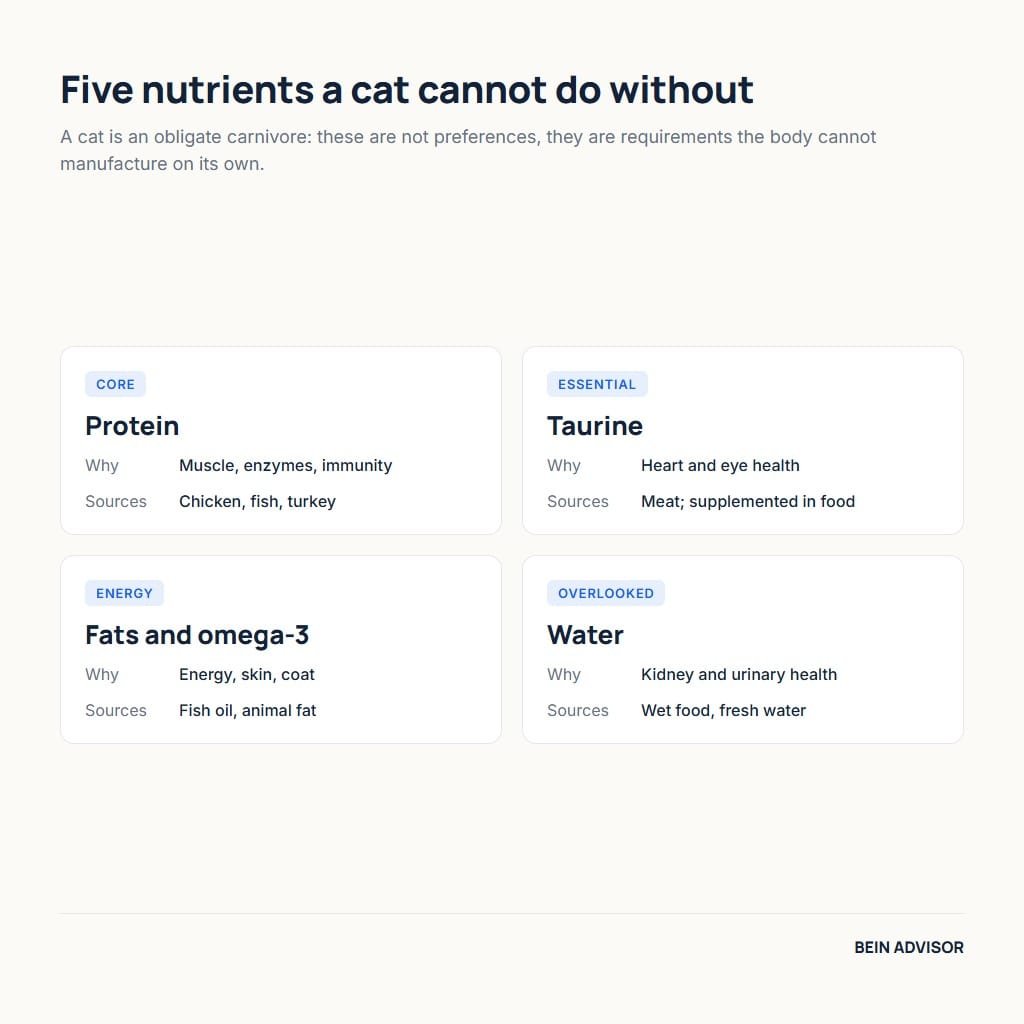 Chart of five essential nutrients in cat nutrition: protein, taurine, fats and omega-3, and water
