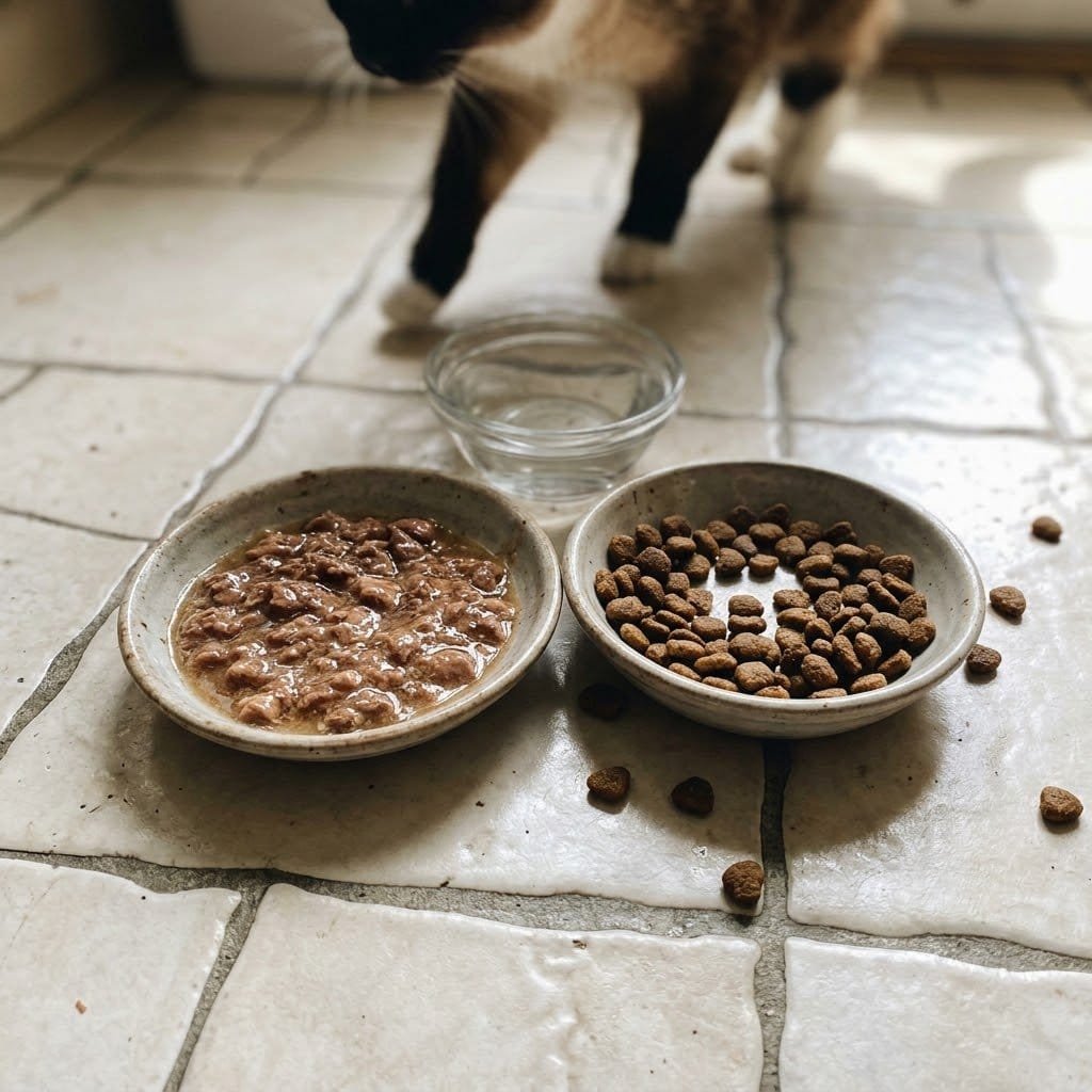 Two bowls of wet cat food and dry kibble with a water bowl as a cat approaches, illustrating wet vs dry cat nutrition