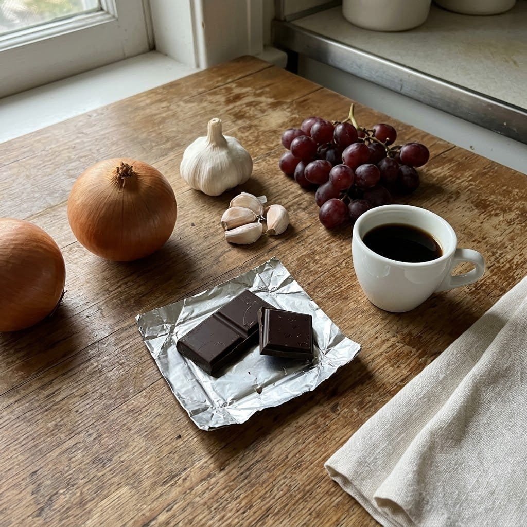 Onions, garlic, grapes, dark chocolate and black coffee on a kitchen counter — human foods to keep away from cat nutrition