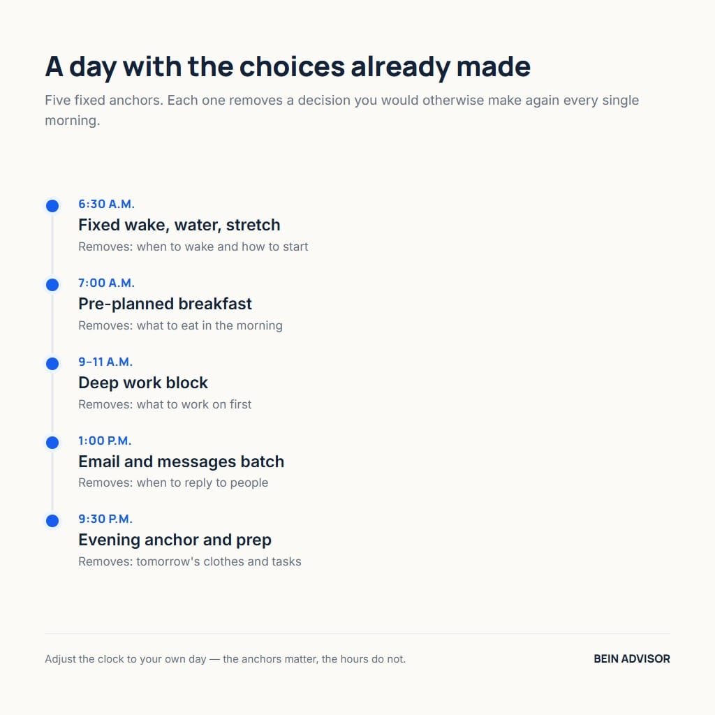 A daily schedule of five fixed anchors that remove repeated decisions