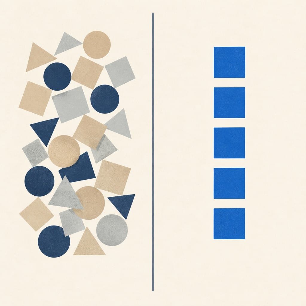 Illustration contrasting scattered choices with a settled daily routine