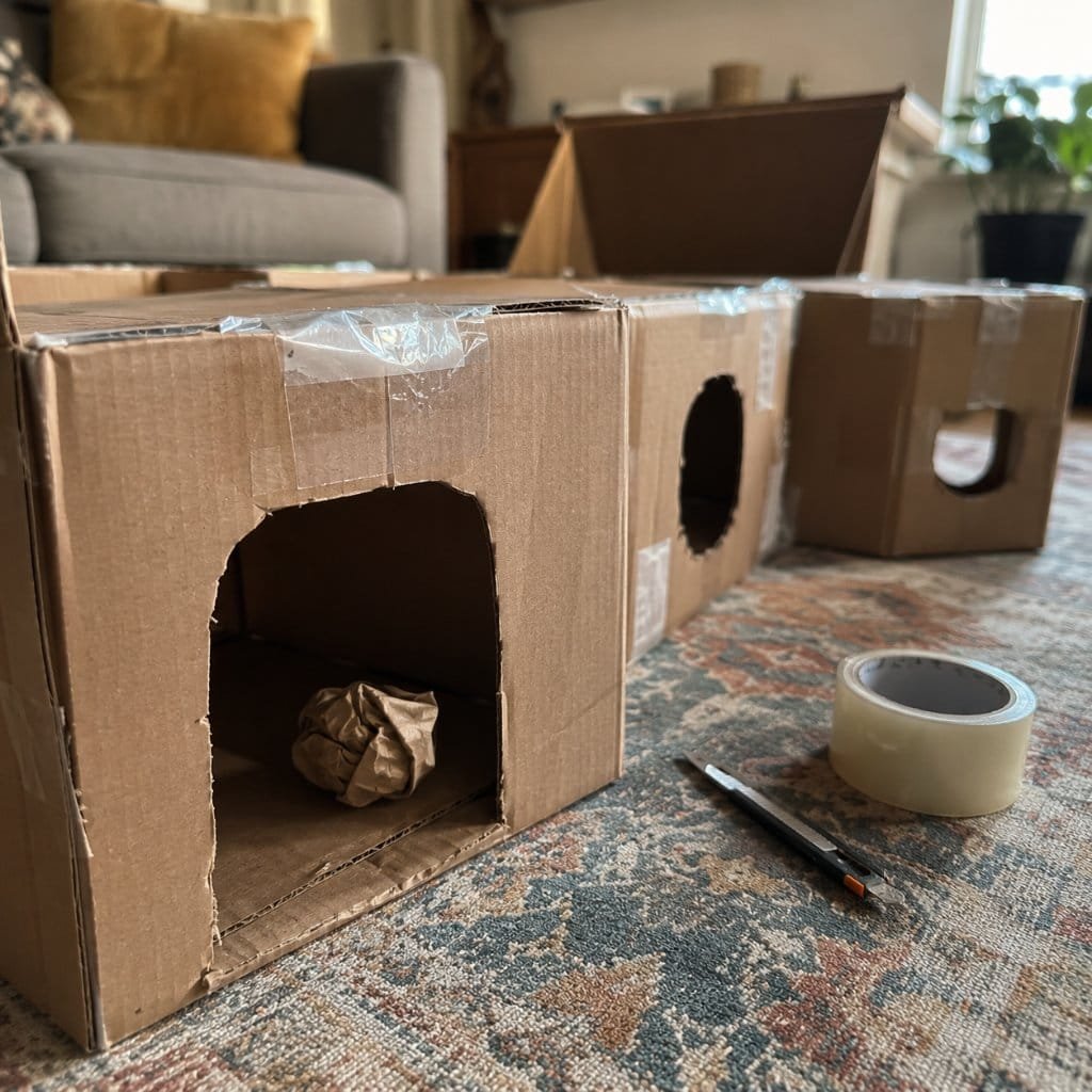 A homemade cardboard box maze for cats with cut openings on a rug