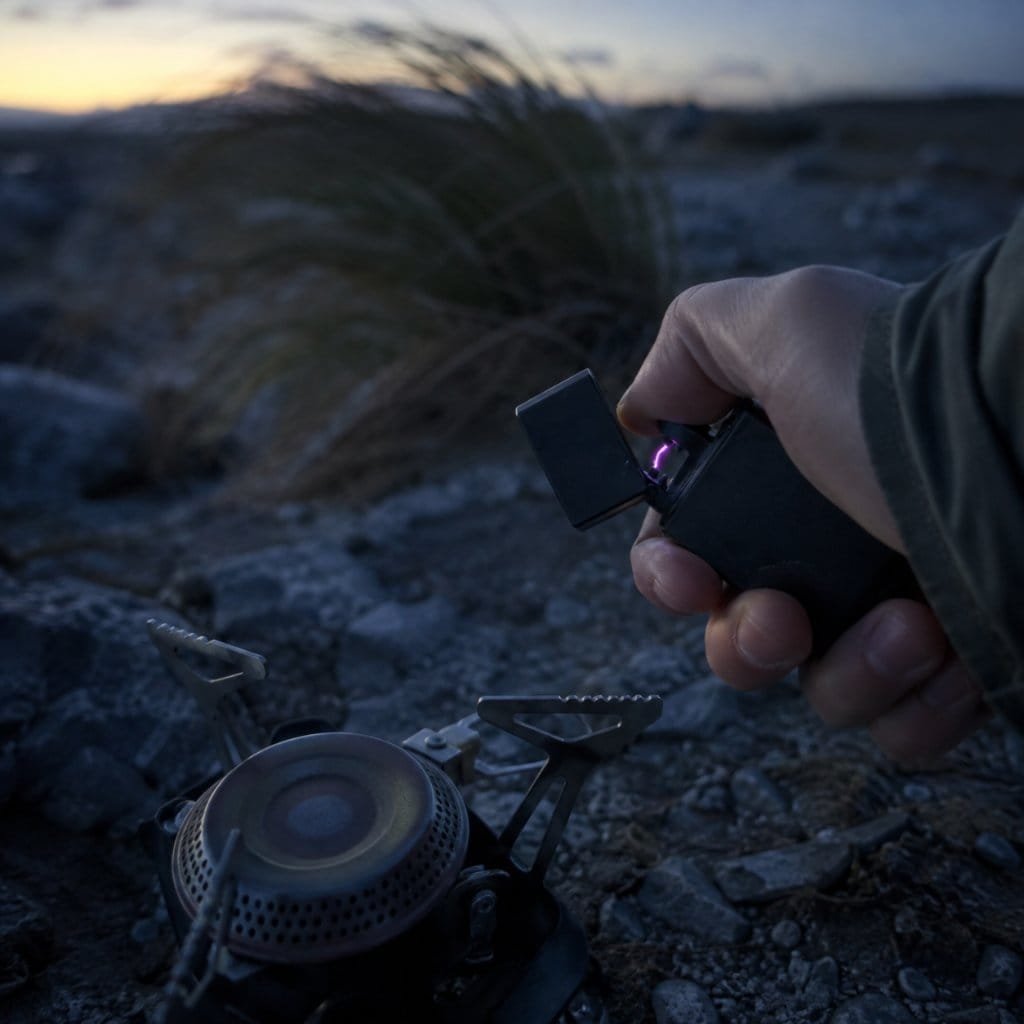 Using an electric lighter outdoors in wind to light a camp stove