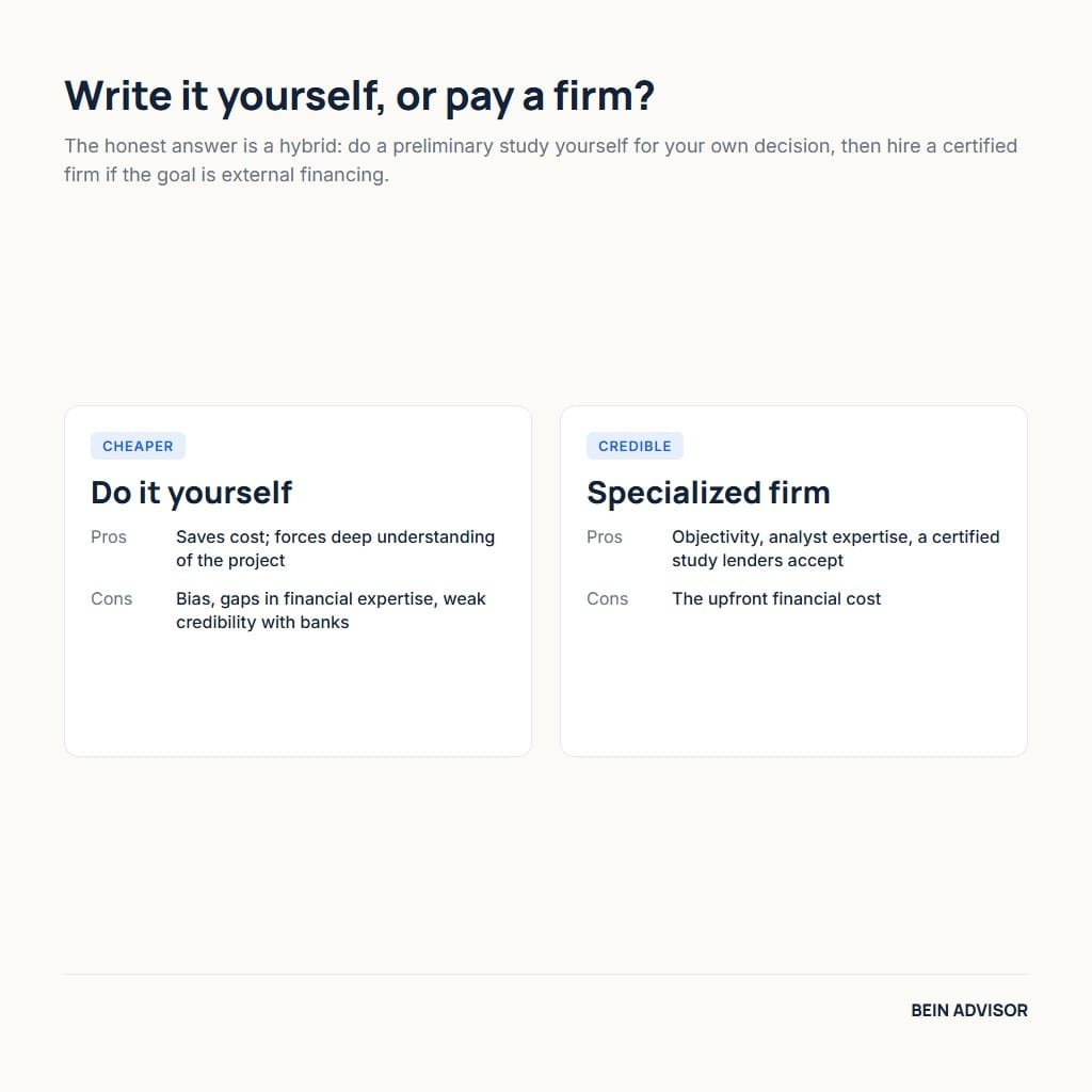 Doing a feasibility study yourself versus hiring a specialized firm, with the pros and cons of each