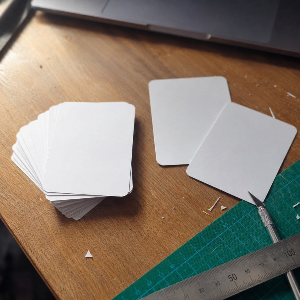 Blank flashcards fanned on a desk beside a cutting mat and craft knife