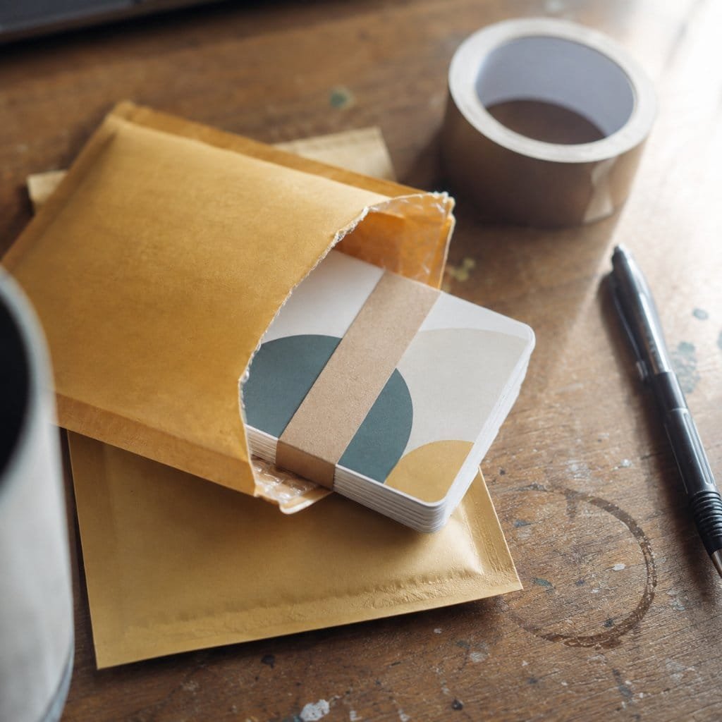 A padded envelope with a banded stack of printed flashcards ready to ship